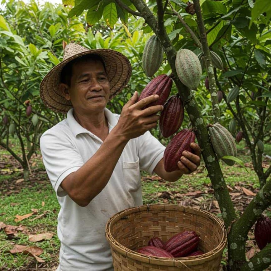 Farmer harvesting cacao pods on a Bohol cacao farm
